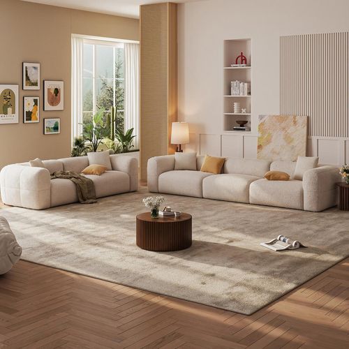 Sofa and Loveseat Set Minimalist Biege Boucle Lounge Sofa Set
