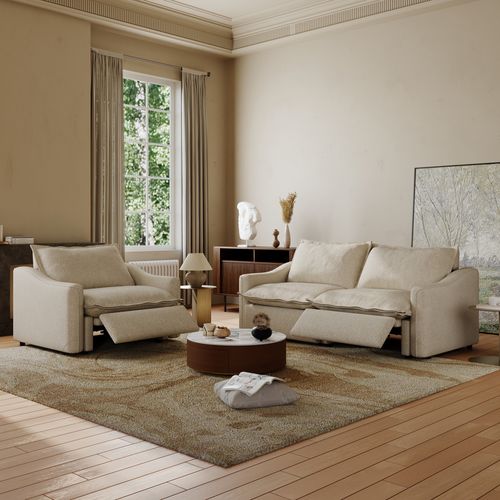 121''& 84'' Contemporary Power Reclining Loveseat Set in Beige Fabric