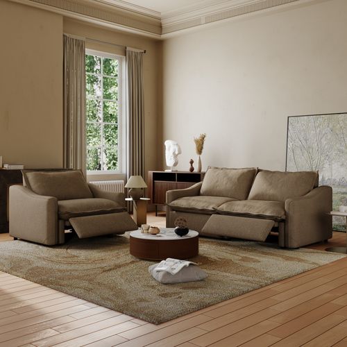 121''& 84'' Contemporary Power Reclining Loveseat Set in Beige Fabric