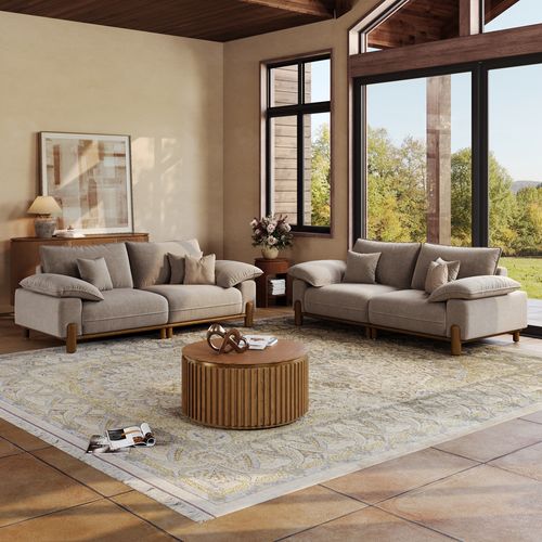 2+2 Seater Mid Century Khaki Pet-Friendly Fabric Sofa Set with Solid Wood Frame & Pillow Arms