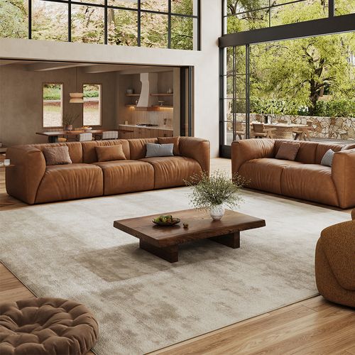 2+3 Seater Brown Spill-Resistant Genuine Leather Sofa Set