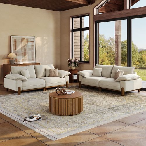 2+2 Seater Mid Century Beige Pet-Friendly Fabric Sofa Set with Solid Wood Frame & Pillow Arms