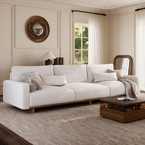 Mid-century 3 Seater Sofa Beige Chenille Sofa with LED Lights