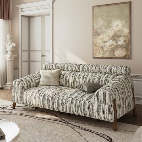 Mid-Century Modern Striped Fabric Black Sofa with High Back Support