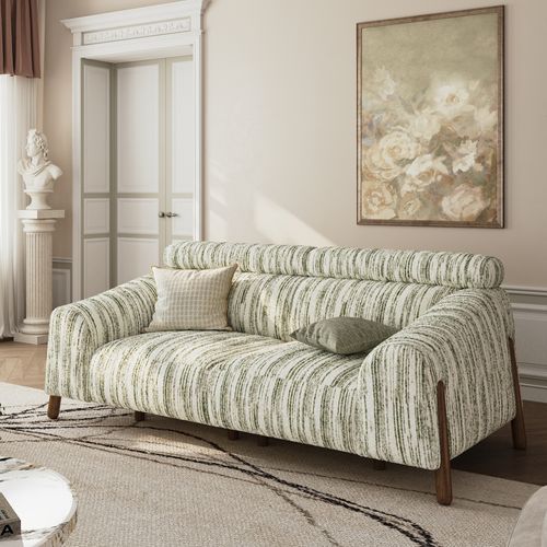 Mid-Century Modern Striped Fabric Green Sofa with High Back Support