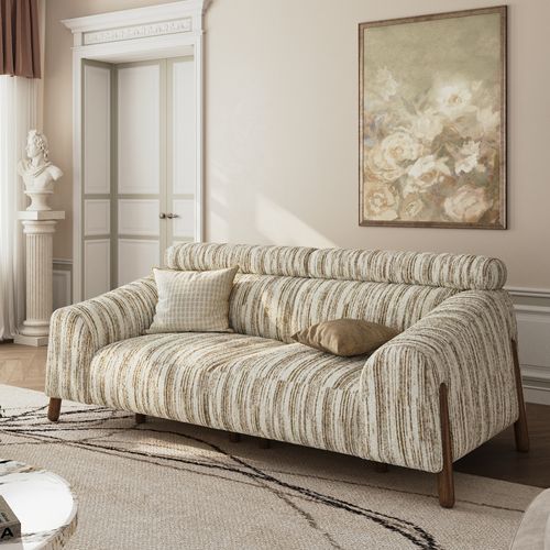 Mid-Century Modern Striped Fabric Brown Sofa with High Back Support