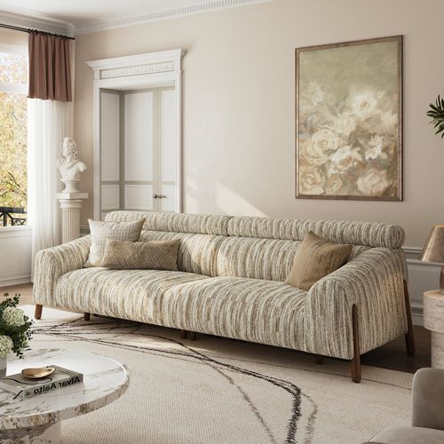 Mid-Century Modern Striped Fabric Brown Sofa with High Back Support