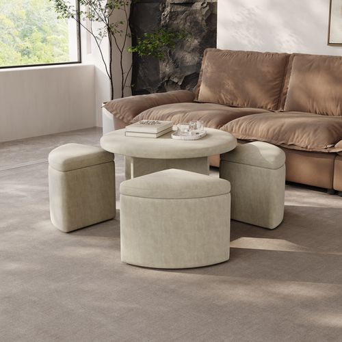 31.5 Inch Beige Round Storage Ottoman Coffee Table