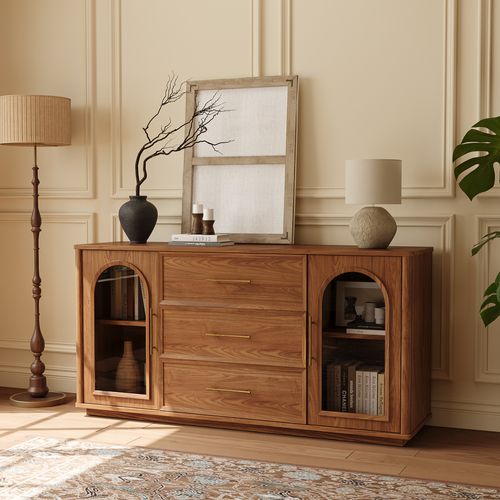 Mid-Century Walnut Storage Credenza with Glass Doors