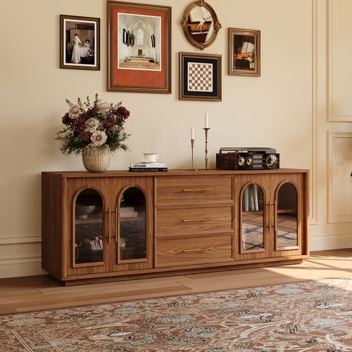 71‘’ Walnut Storage TV Stand with Glass Doors