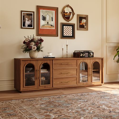 200‘’ Walnut Storage TV Stand with Glass Doors