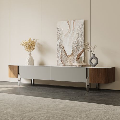 79" Mid-Century Modern TV Stand with Glossy Crystallized Stone Top