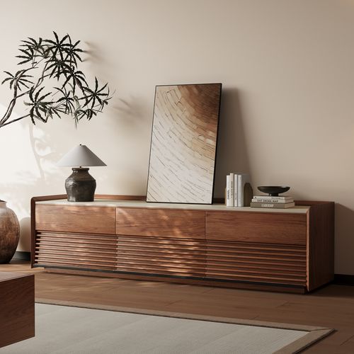 70.87" Mid-Century Matte Travertine Stone Tabletop TV Stand