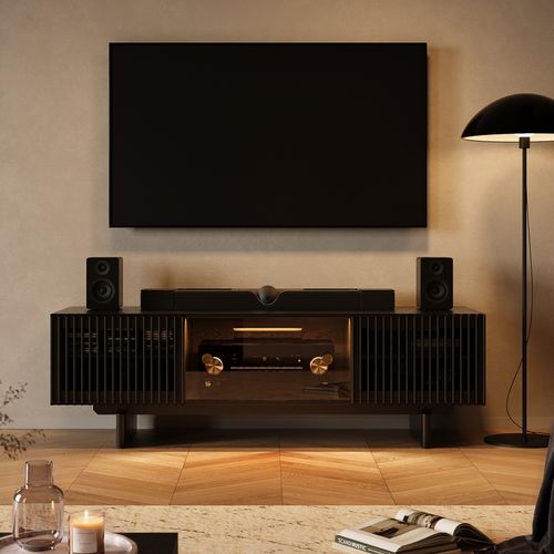 71" Black Media Console with Slatted Doors