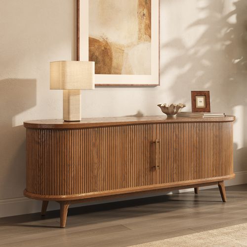 71" Curved Slatted Wood TV Stand