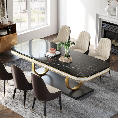 229Modern Black Faux Marble Dining Table for 8