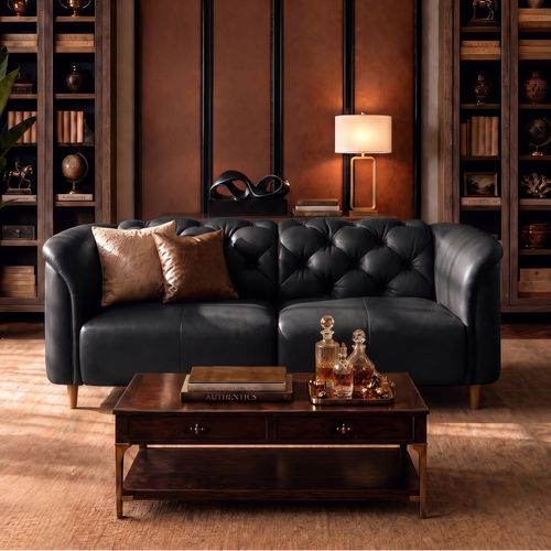 79" Chesterfield Black Top-Grain Leather Sofa for Spacious Living