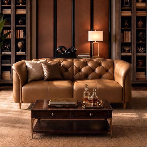 79" Chesterfield  Brown Top-Grain Leather Sofa for Spacious Living