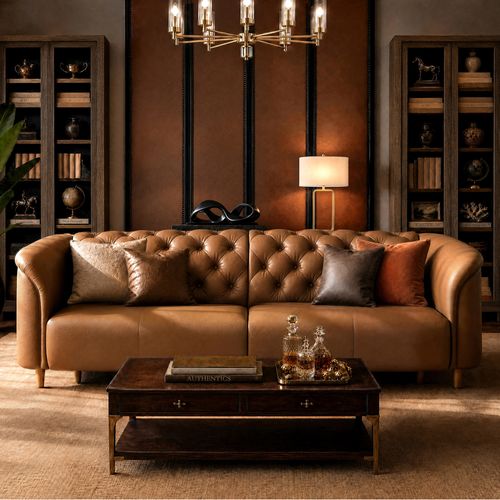 111" Chesterfield Brown Top-Grain Leather Sofa for Spacious Living