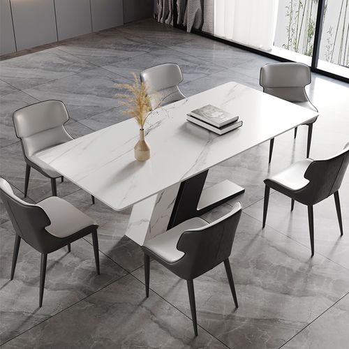 Moderner luxuriöser Esstisch 160 cm für 4-6 Personen | glänzende weiße Sinterstein-Platte mit Z-förmigem Edelstahlgestell in Weiß & Schwarz – montiert
