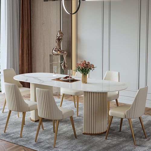 Moderner weißer ovaler Esstisch 180 cm für 4-6 Personen | glänzende Sinterstein-Platte mit säulenförmigem Metallgestell – montiert