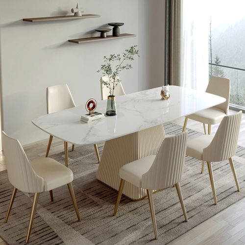 Tavolo da pranzo con piedistallo in pietra sinterizzata rettangolare bianco minimalista da 160 cm per 4-6 persone
