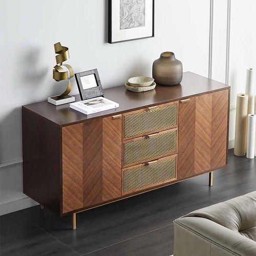 149'' Mid-Century Modern Credenza Walnut Sideboard Buffet Cabinet with Wood Table Top
