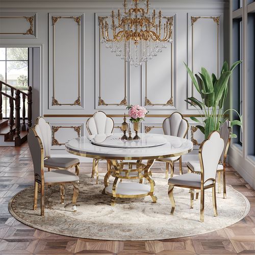 17PCS Retro luxury Round Faux Marble Dining Set(59Dining Table + 6 Chairs)
