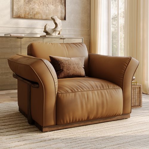 Brown Top-Grain Leather Accent Chair with Solid Wood Frame