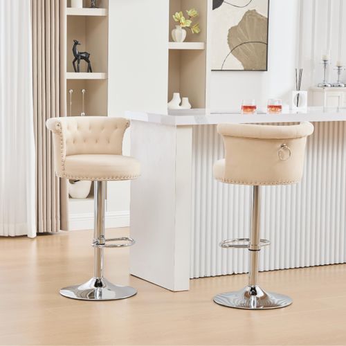 Modern Adjustable Height Swivel Velvet Fabric Upholstered Bar Stools Set of 4