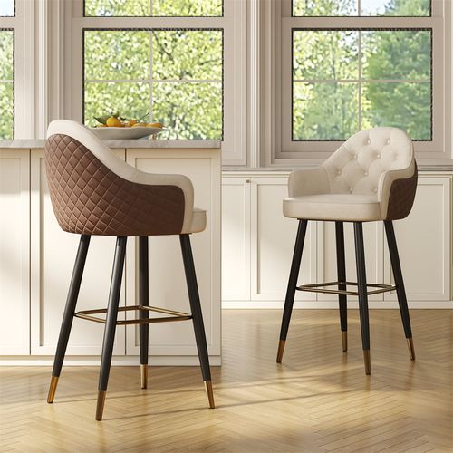 26'' Modern Tufted Leather Bar Stools with Arms - Scratch-Resistant & Easy Clean