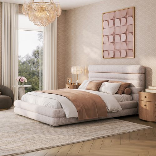 Queen Size Beige Upholstered Platform Bed Frame
