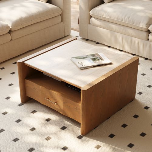 31.5'' Mid-Century Coffee Table with Travertine Slabs
