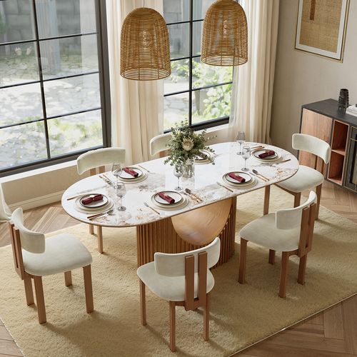 79" Mid-Century Oval Walnut Color Wood Dining Table Set for 6