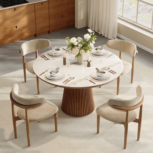 47" Mid-Century Vintage Round Dining Table with Glossy Sintered Stone Top and Walnut Fluted Pedestal Base