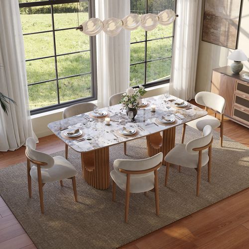 180cm Mid-Century Modern Rectangular Dining Table Scratch-Resistant Pandora Glossy Sintered Stone Top & Walnut Fluted Pedestal Base