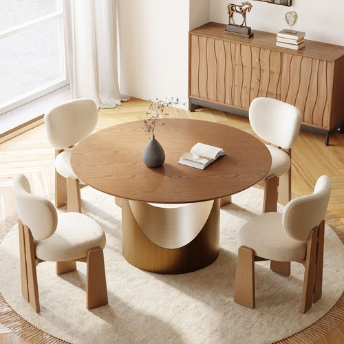 Modern 51'' Round Walnut Dining Table with Antique Bronze Pedestal Base