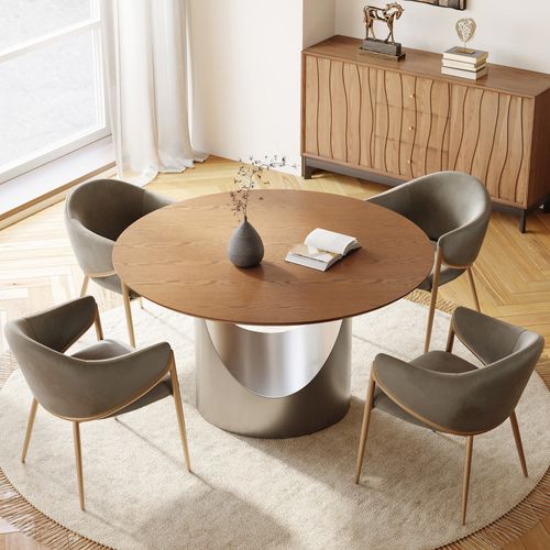 Modern 51'' Round Walnut Dining Table with Antique Gray Pedestal Base