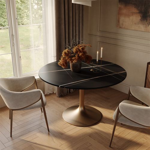 Black Round Pedestal Dining Table for 4 with Sintered Stone Top