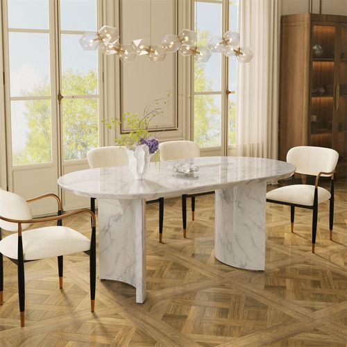 White Oval Curved-Base Marble Dining Table for 6