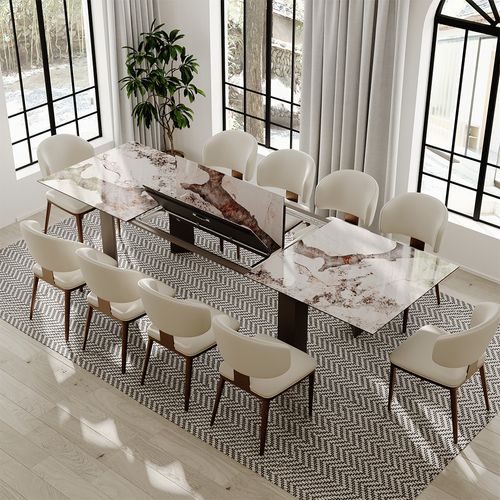 79"-118" Modern Extendable Dining Table for 6-10 – Easy to Clean Glossy Pandora Stone Table
