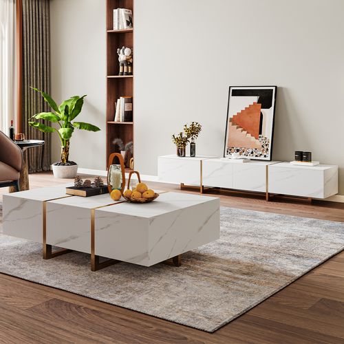 Modern White TV Cabinet with Coffee Table
