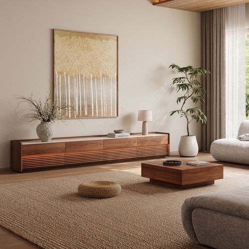 MCM TV Stand Set with 118 Walnut TV Stand with Travertine-Texture Stone Top and 39 Walnut Brown Coffee Table
