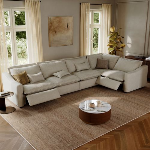 Modernes L-förmiges Power-Liegesofa 400 cm in Beige mit 3 Liegesitzen