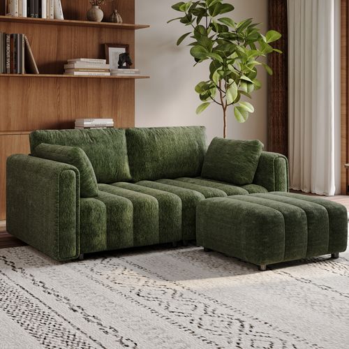Retro Hand-Tufted Green Chenille Sofa with Ottoman