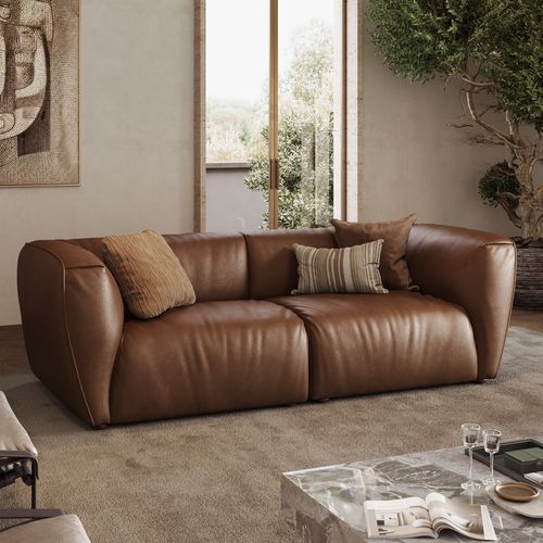 230cm Brown Genuine Leather Loveseat Sofa Mid Century Modern Couch
