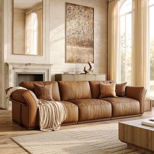 Cronus Modulares Echtleder-Sofa 294 cm in Braun mit Massivholzrahmen – Premium-Kopfleder & Daunenfüllung für Wolkenkomfort