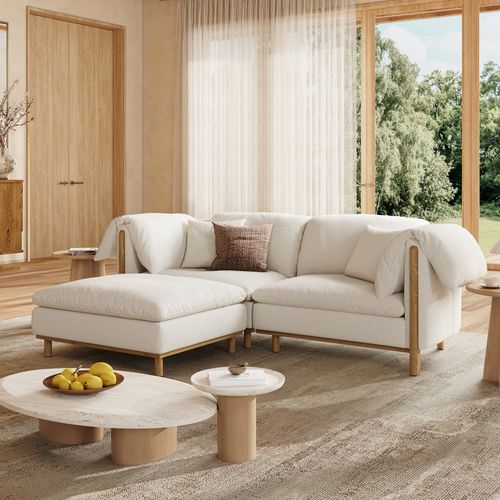 97inch  Removable Cushions Sofa in Water-Resistant Cotton-Linen with Solid Wood Legs and Ottoman