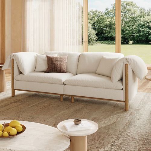 97inch  Removable Cushions Sofa in Water-Resistant Cotton-Linen with Solid Wood Legs