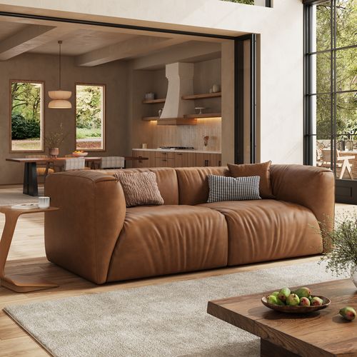 91 Inch Brown Performance Leather Sofa Stain-resistant Waterproof Loveseat